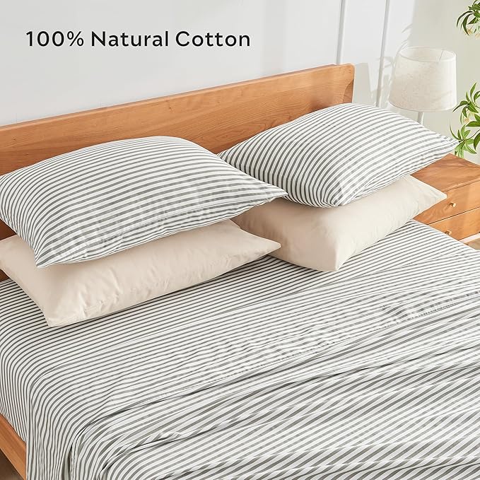 JELLYMONI 100% Natural Cotton Striped Pillowcases Set, 2 Pack White and Grey Stripes Pattern Printed Pillow Covers with Envelope Closure(Pillows are not Included)(King(20×36inches))