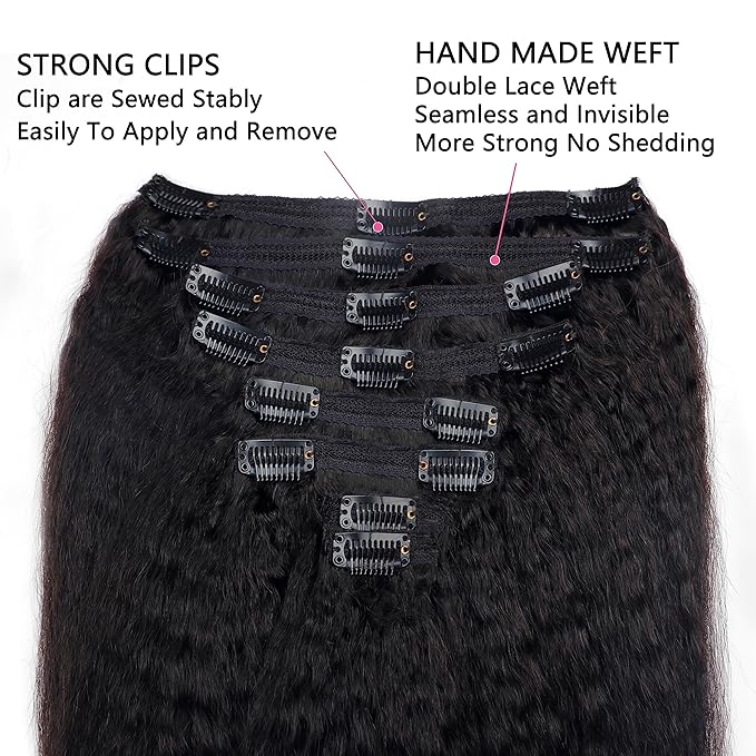 Kinky Straight Clip in Hair Extensions Real Human Hair Natural Black Clip ins for Women 24 Inch 120g 8pcs Seamless Kinky Straight Clip on Extensions Human Hair