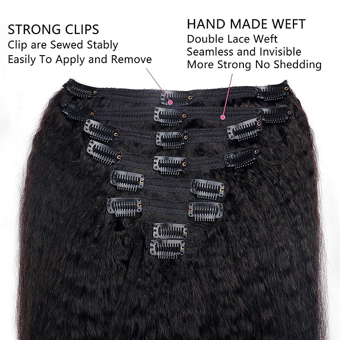 Kinky Straight Clip in Hair Extensions Real Human Hair Natural Black Double Weft Clip ins for Women 16 Inch 120g 8pcs Seamless Kinky Straight Clip on Extensions Human Hair