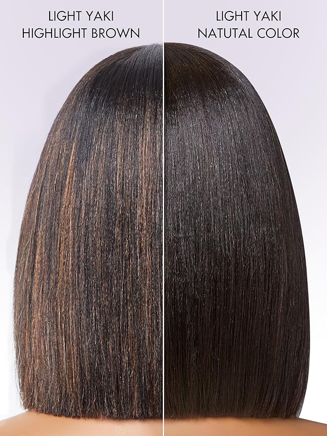 LUVME HAIR 12 Inch Yaki Straight Bob Wig with Bangs Human Hair Glueless HD Lace Bob Wig with Brown Highlights, Ready to Go Short Wigs For Women 180 Density Breathable Cap