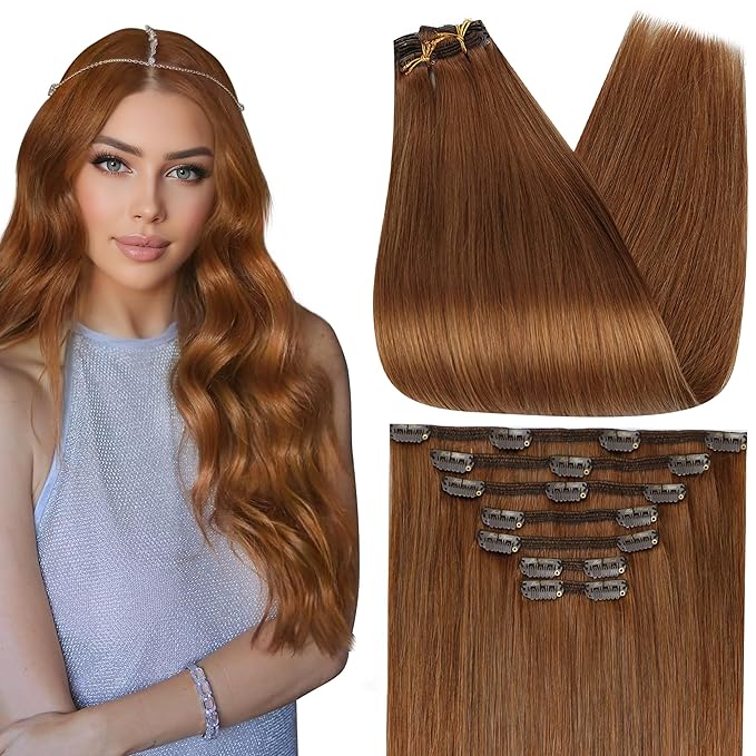 Full Shine Human Hair Extensions Clip ins Auburn Clip in Hair Extensions Real Human Hair Strawberry Blonde Straight Invisible Remy Hair 22 Inch 7 Pcs 120 G
