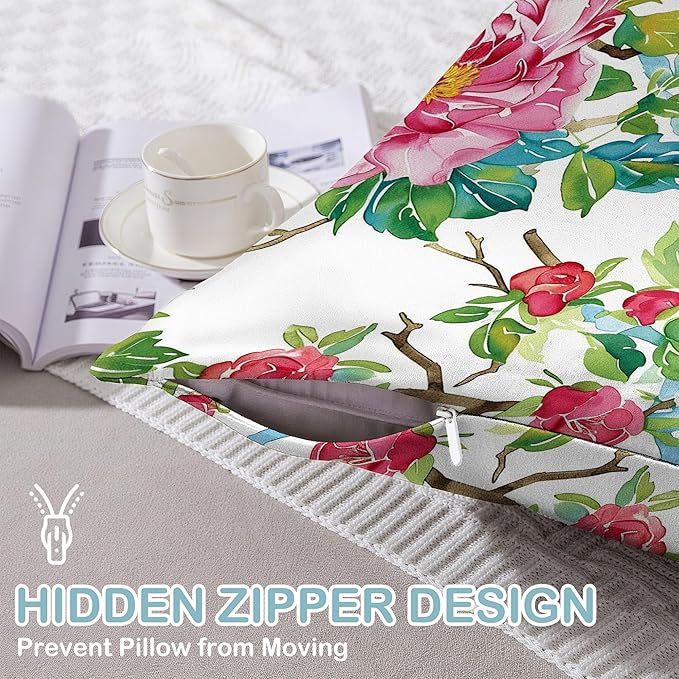 Pink Roses Flowers and Red Birds Satin Pillow Case Queen Size,Soft Pillowcases for Hair and Skin Similar to Silk,Pillowcases with Hidden Zipper Bedding Accessories,20X30 Inches,1 Pack