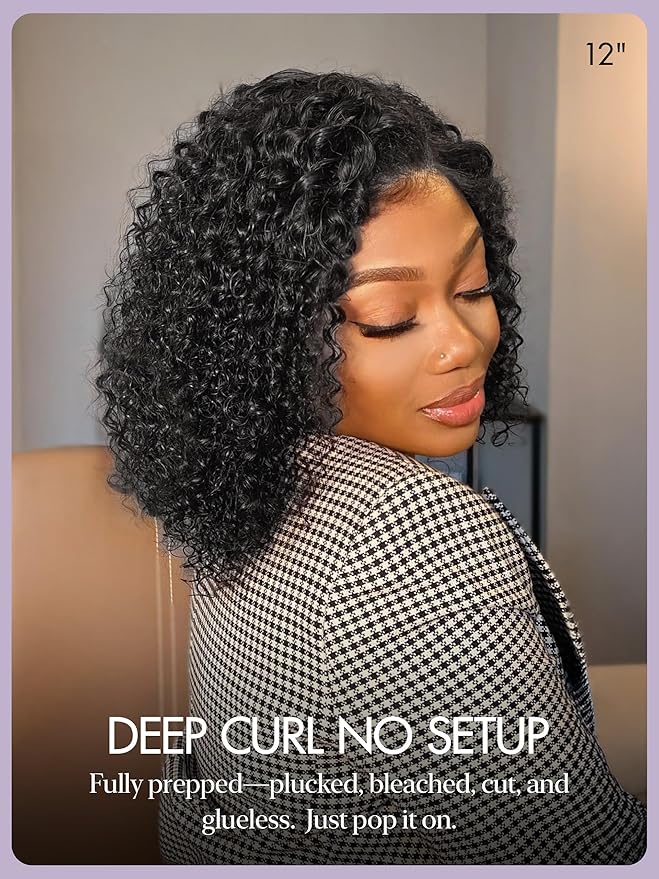 LUVME HAIR 5X5 Deep Curly 10 Inches100% Human Hair Wigs Curly Deep Wave Glueless Lace Front 10 Inches, Pre Cut Plucked Hd Lace Short Wig Ready To Go Natural Color Straight Bleached Knots Black Wigs