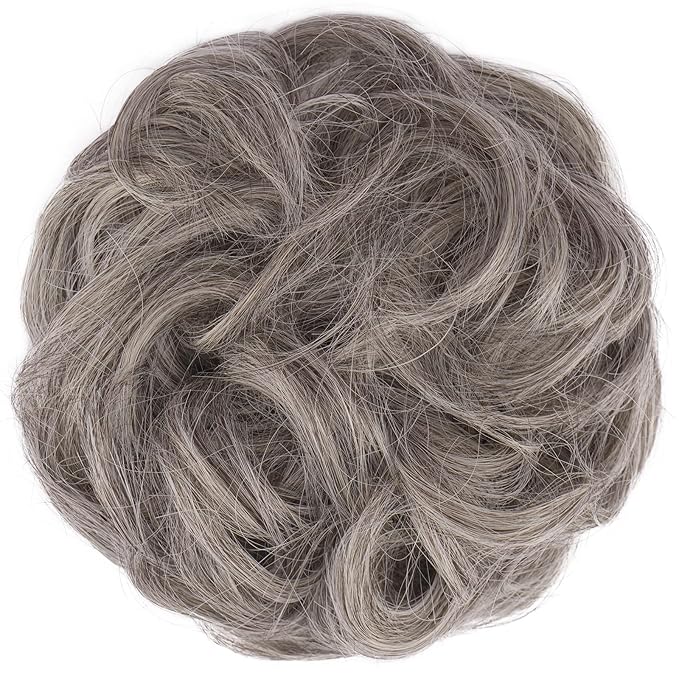 FESHFEN Messy Bun Hair Piece - Large Elastic Wavy Curly Hair Bun Scrunchies Ponytail Extensions Synthetic Chignon Hairpieces for Women, Salt and Pepper 1.94oz