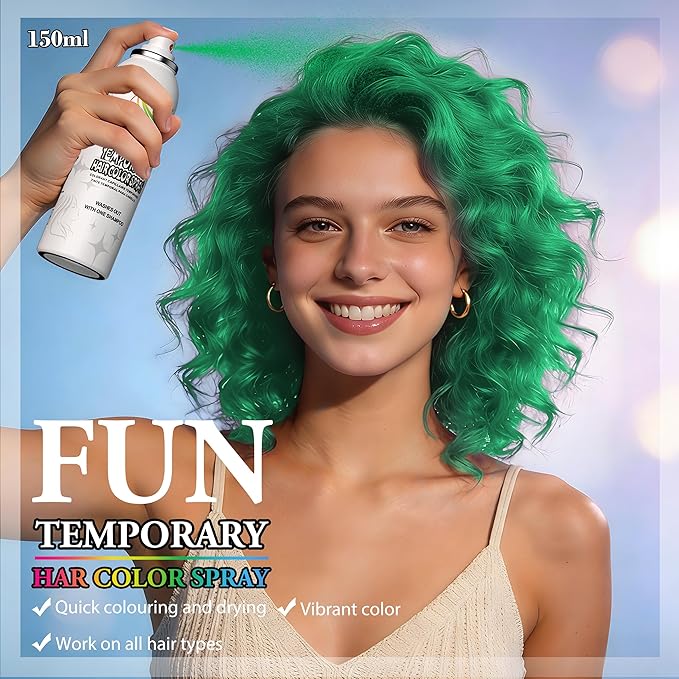 Temporary Hair Color Spray | 150ml Instant Hair Spray for Adults & Kids | Washable & Non-Sticky, Gentle Formula, Green | Halloween, Cosplay, Costume Party, Festivals