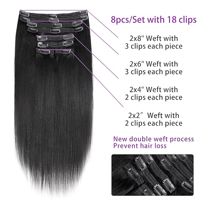 Yaki Straight Clip in Hair Extensions Real Human Hair Clip Ins Brazilian Virgin Hair clip ins Yaki Straight Clip On Hair Extensions 8pcs with 18Clips 120G/pack (22 Inch)