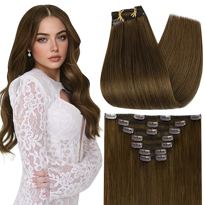 Full Shine Light Brown Hair Extensions Clip in Long 24 Inch Brown Hair Clip on Extensions for Hairstyles for Concert 7 Pcs 120 G