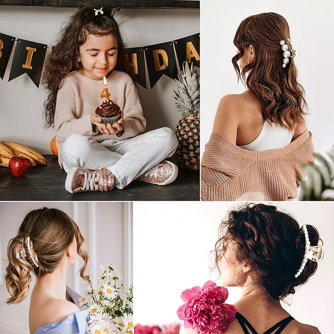Pearl Hair Accessories for Women - 8Pack Claw Clips for Thick and Thin Hair, Barrettes for Styling and Weddings