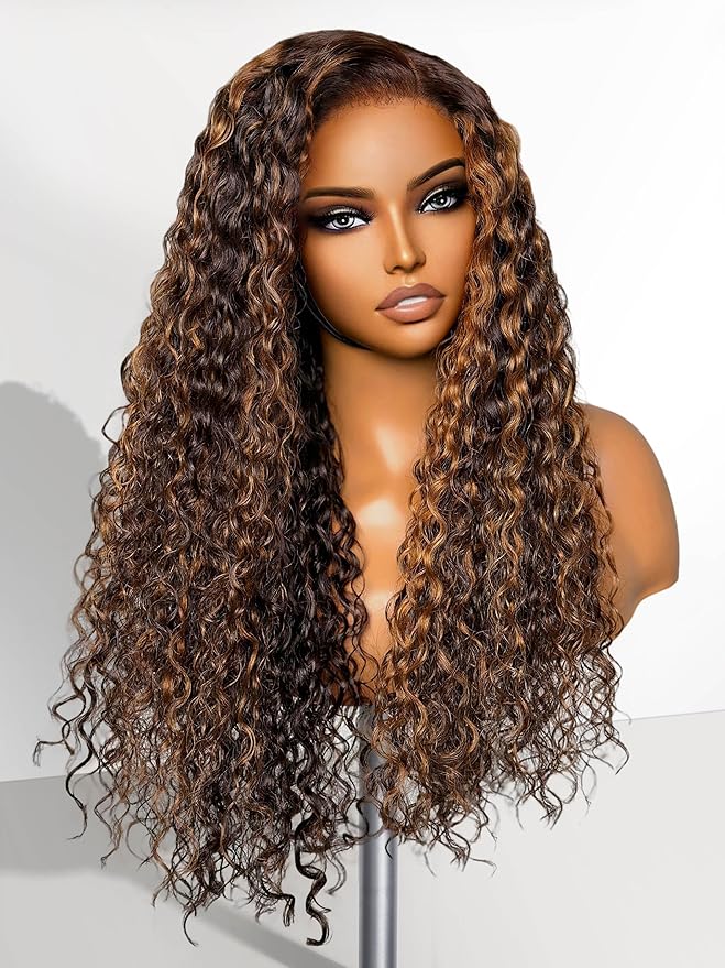 LUVME HAIR 22 Inch Highlight Brown Curly Lace Front Wig Human Hair Pre Cut Lace Glueless 5X5 Closure Wig Pre Plucked For Women 180 Density