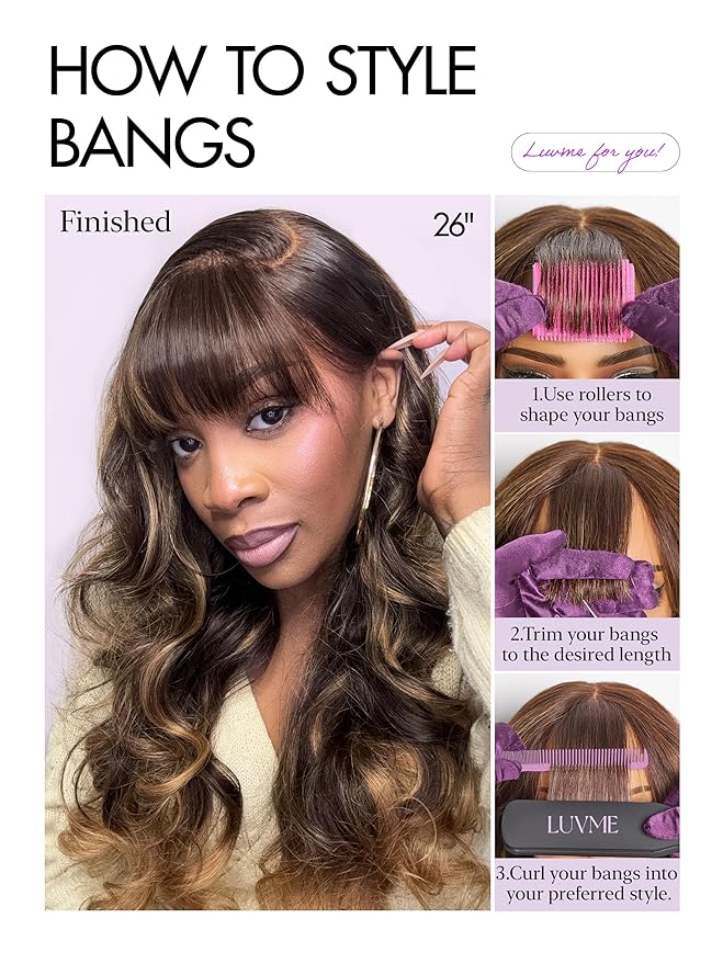 LUVME HAIR 7x6 HD Lace All-Day Comfort Wig with Bangs 200% Density Hair Lace Wigs Ombre Blonde Highlight Loose Body Wave Lace Front Wigs Human Hair Pre Cut Plucked Glueless 20 Inches