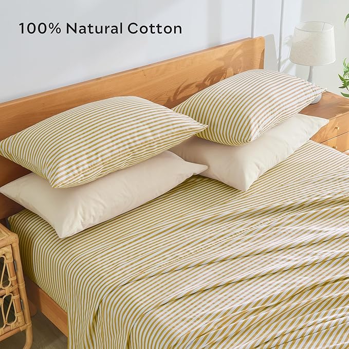 JELLYMONI 100% Natural Cotton Striped Queen Pillowcases Set, 2 Pack White and Yellow Stripes Pattern Printed Pillow Covers with Envelope Closure(Pillows are not Included)