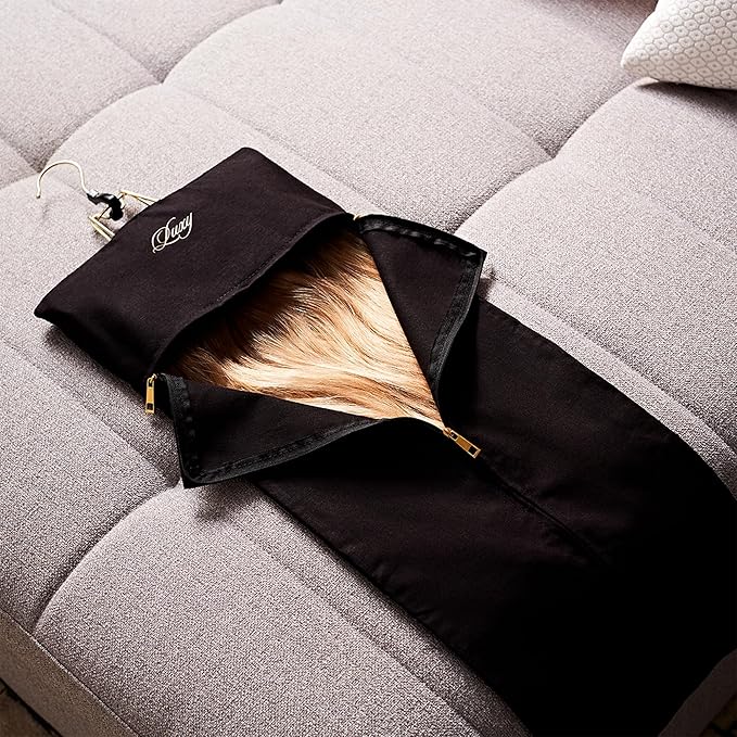 Luxy Hair Extensions Carrier with Bamboo Hanger – Organic Cotton & Hemp Hair Extension Travel Case, Storage Bag & Organizer for Clip-In Extensions, Wefts (Black)