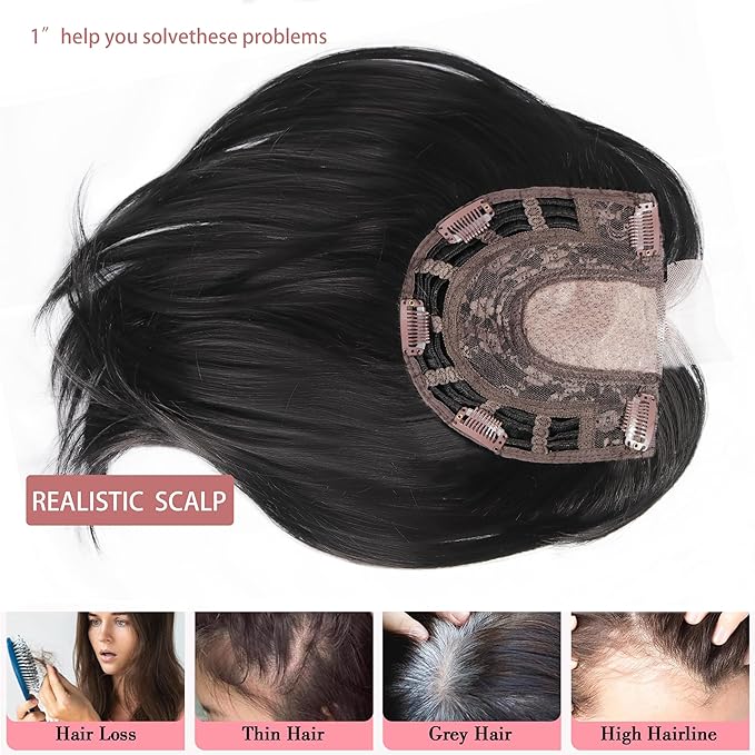 CROWN GUIDE 12 Inch Hair Toppers for Women with Thinning Hair - Synthetic Clip in Topper with Bangs Breathable Hairpiece 6.5x6.5 Base, Volume Wiglets Full Coverage (Dark Golden Brown Highlight)