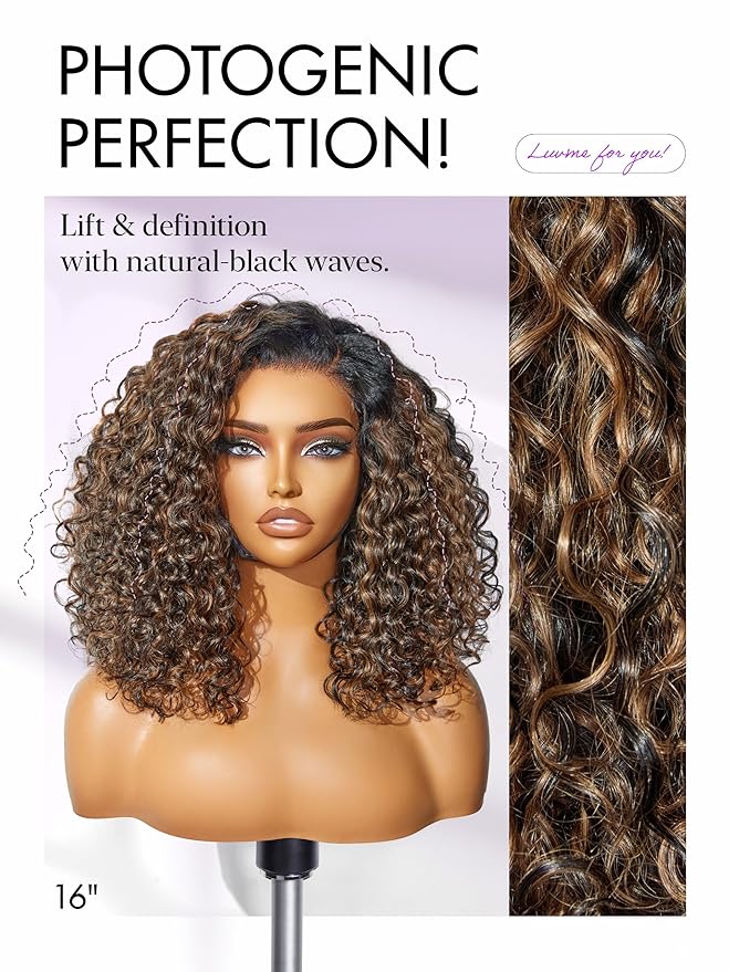 LUVME HAIR 100% Human Hair Wigs Curly Deep Wave Glueless Lace Front 14 Inches Pre Cut Plucked Hd Lace Short Wig Ready To Go Highlight Color Straight Bleached Knots Side Part Black Wigs