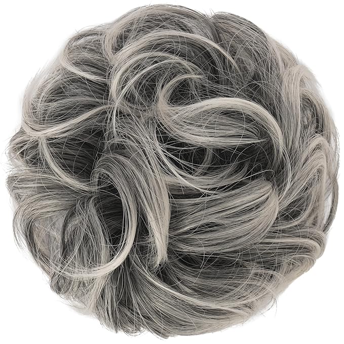 FESHFEN Messy Bun Hair Piece - Elastic Wavy Curly Hair Bun Scrunchies Extensions Synthetic Chignon Hairpieces for Women Girls, Black Gray and White Tips 1.5 oz