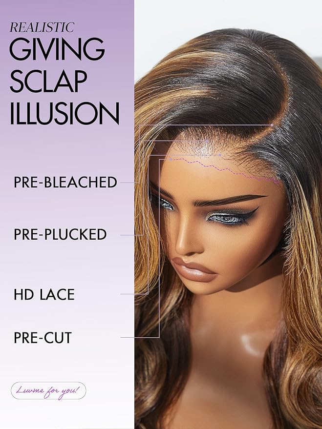 LUVME HAIR 7x6 HD Lace All-Day Comfort Wig 200% Density Hair PartingMax Lace Wigs Highlight Color Loose Body Wave Lace Front Wigs Human Hair Pre Cut Plucked Lace Frontal Glueless 22 Inches Mix Brown