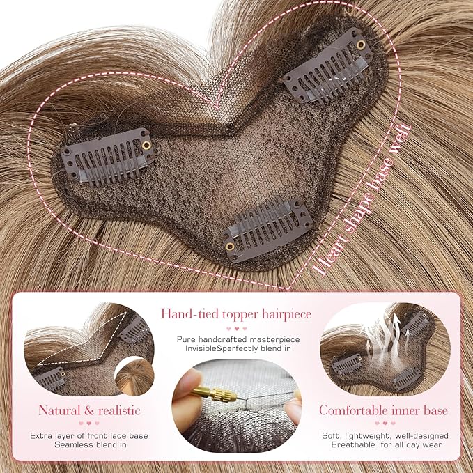 Hairro Human Hair Toppers For Women Wispy Thin Short Wiglet Hairpieces Natural No Bang Middle Part Side Bangs Hair Clip 14.5g #4P27 Medium Brown Mix Dark Blonde