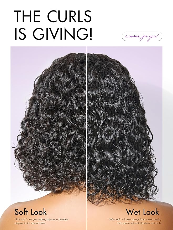 LUVME HAIR 5X5 Deep Curly 10 Inches100% Human Hair Wigs Curly Deep Wave Glueless Lace Front 10 Inches, Pre Cut Plucked Hd Lace Short Wig Ready To Go Natural Color Straight Bleached Knots Black Wigs
