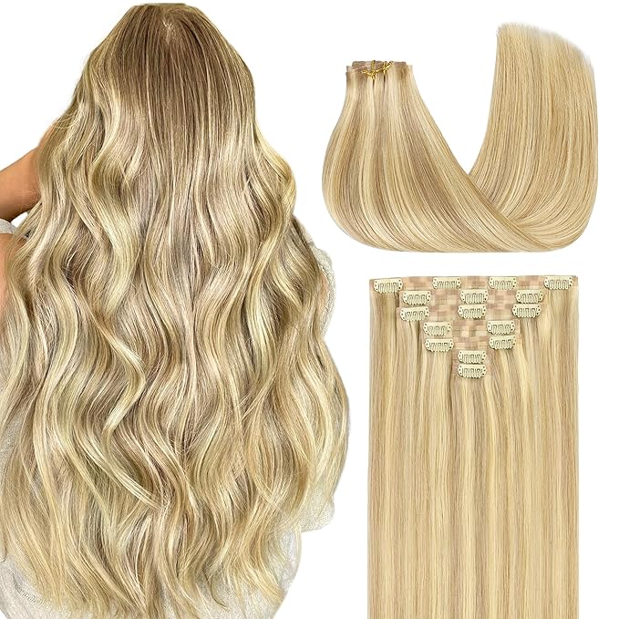 GOO GOO Clip in Hair Extensions Real Human Hair, Remy Human Hair Extensions Clip ins for Women, Natural Human Hair, 20inch 110g 7Pcs, 18D/22F Dirty Blonde Highlights