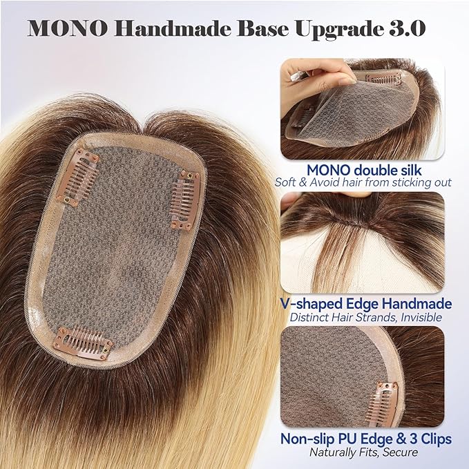HAIRCUBE Hair Toppers 100% Real Human Hair,Ombre Light Blonde, 5.5"*4" MONO Large Base, 46g Hand-moven Real Human HairToppers for Women with ThinningHair