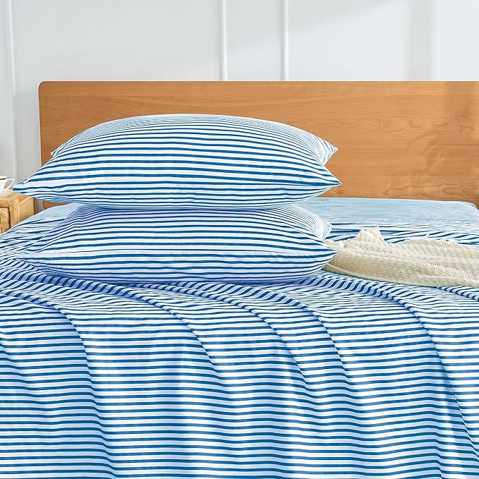 JELLYMONI 100% Natural Cotton Striped King Pillowcases Set, 2 Pack White and Blue Stripes Pattern Printed Pillow Covers with Envelope Closure(Pillows are not Included)