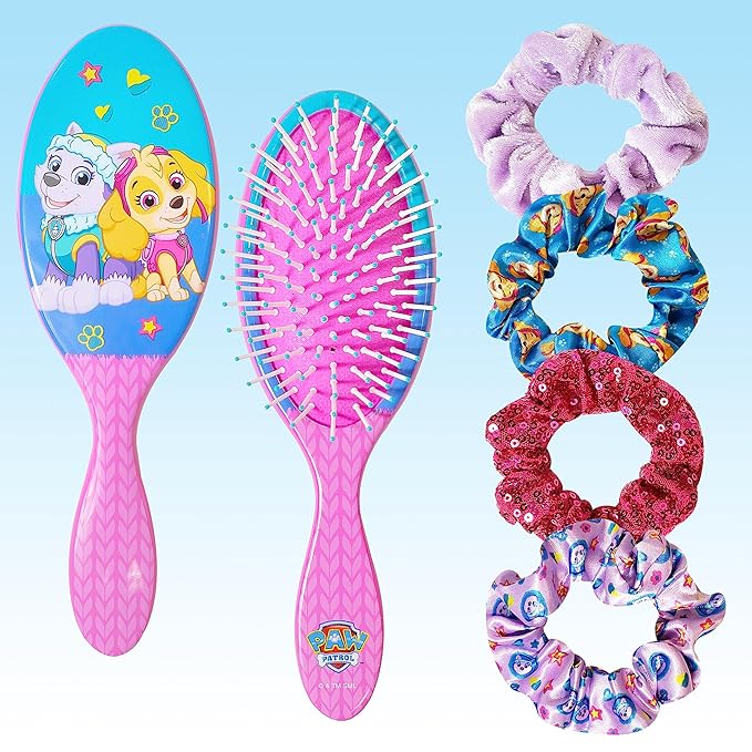 Luv Her Paw Patrol Hair Accessories Set - 9 inch Detangling Brush, 4 Scrunchies & Hair Ties for Girls