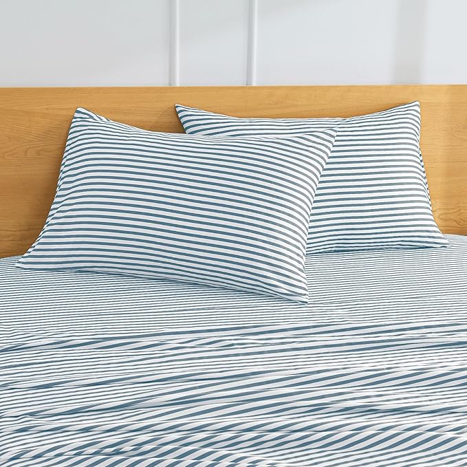 JELLYMONI 100% Natural Cotton Striped Queen Pillowcases Set, 2 Pack White and Grayish Blue Stripes Pattern Printed Pillow Covers with Envelope Closure(Pillows are not Included)