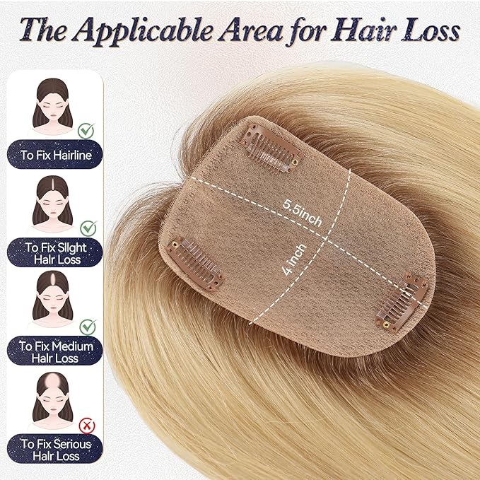 starluck Human Hair Toppers for Women Real Human Hair With Bangs 4 * 5.5 inch Base 12 inch SilkHug Topper for Women with Thinning Hair Cover Grey Roots(Ombre Light Blonde)
