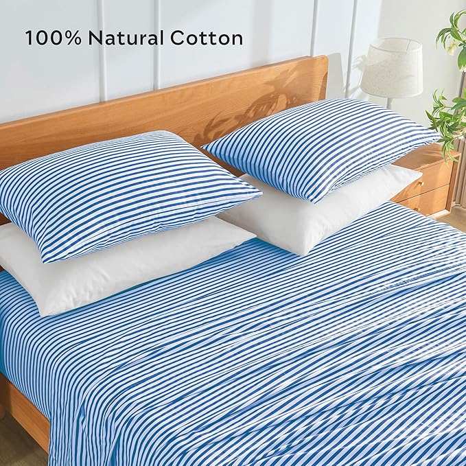 JELLYMONI 100% Natural Cotton Striped Standard Pillowcases Set, 2 Pack White and Blue Stripes Pattern Printed Pillow Covers with Envelope Closure(Pillows are not Included)
