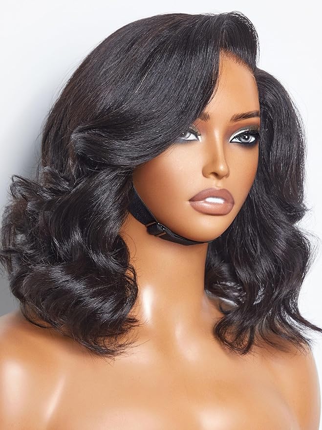 LUVME HAIR 12 Inch Light Yaki Loose Wave Wig Gorgeous Human Hair, Undetectable HD Lace Glueless Bob Wigs Human Hair Pre Plucked, Pre Cut Lace Wig Short Natural Black Wig