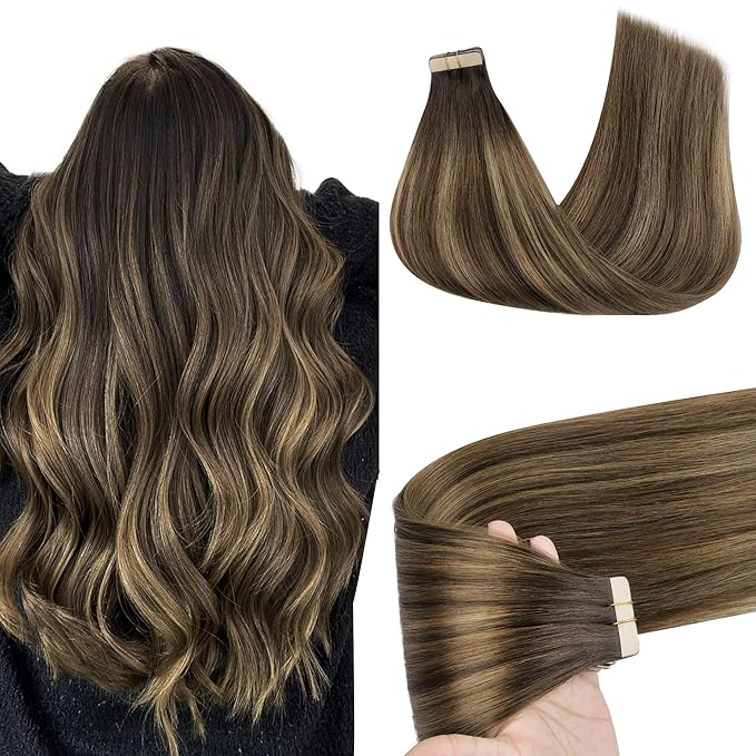 GOO GOO Tape in Hair Extensions Human Hair, 4D/14/5B Brunette Balayage, 24inch 50g 20pcs, Skin Weft Seamless Invisible, Silky Straight with Thick Ends, Remy Human Hair