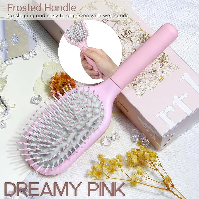 Hair Brush for Women, Detangler Brush Full Sized, Detangling Paddle Pain-free on All Hair Textures, Pink and Light Grey Cushion Base,1 Pack