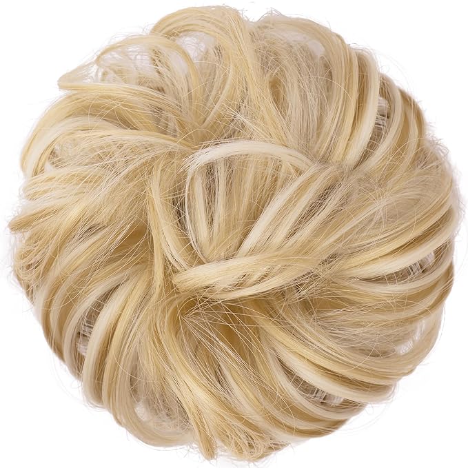 FESHFEN Messy Bun Hair Piece - Elastic Wavy Curly Hair Bun Scrunchies Extensions Synthetic Chignon Hairpieces for Women, Champagne Blonde & White Blonde 1.5 oz