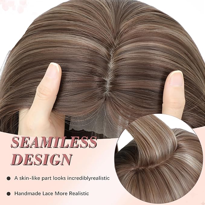 CROWN GUIDE 12 Inch Hair Toppers for Women with Thinning Hair - Synthetic Clip in Topper with Bangs Breathable Hairpiece 6.5x6.5 Base, Volume Wiglets Full Coverage (Dark Golden Brown Highlight)