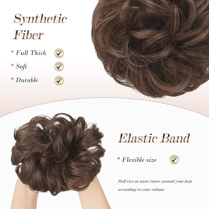 FESHFEN Messy Bun Hair Piece - Elastic Wavy Curly Hair Bun Scrunchies Extensions Synthetic Chignon Hairpieces for Women Girls, Brunette Brown 1.5 oz
