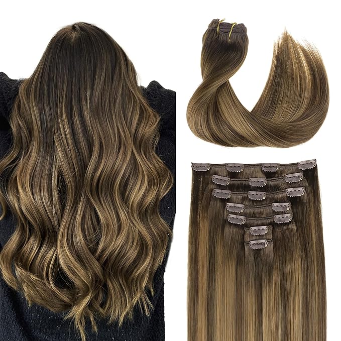 GOO GOO Clip in Hair Extensions Real Human Hair, Remy Human Hair Extensions Clip ins for Women, Natural Human Hair, 14inch 120g 7Pcs, 4D/14/5B Brunette Balayage