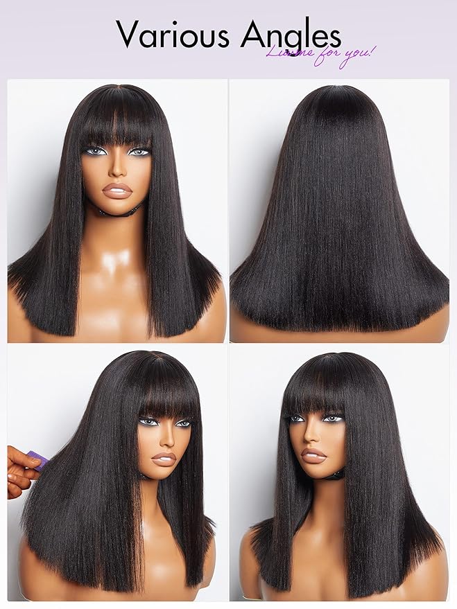 LUVME HAIR 14 Inch Light Yaki Straight Bob Wig with Bangs Human Hair Realistic HD Lace Short Black Bob Wigs, Ready to Go Blunt Cut Bob Wig Glueless 180 Density