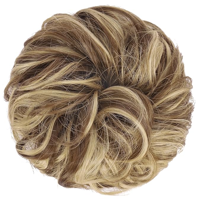 FESHFEN Messy Bun Hair Piece - Large Elastic Wavy Curly Hair Bun Scrunchies Ponytail Extensions Synthetic Chignon Hairpieces for Women, Light Brown & Blonde 1.94oz