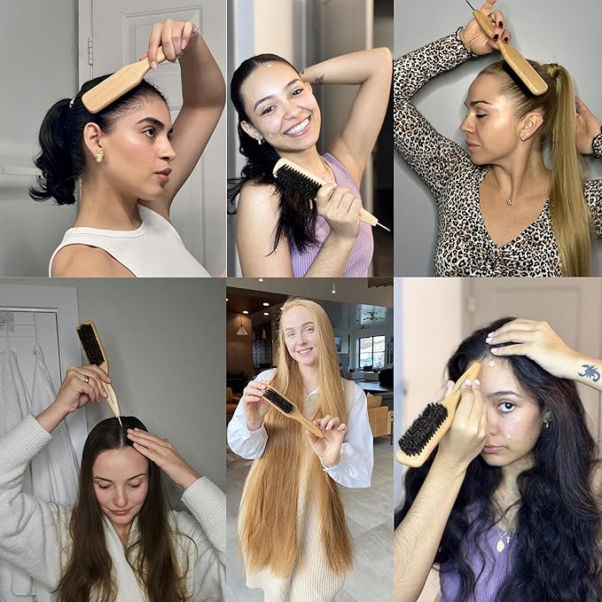 GranNaturals Smoothing & Styling Middle Part Boar Bristle Slick Back Hair Brush w/Narrow Metal Rat Tail End for Sectioning and Parting Sleek Ponytail Bun - Teasing, Backcombing, Edge Control