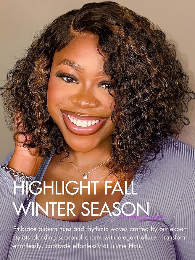 LUVME HAIR 10" Curly Glueless Wigs Human Hair Pre Plucked Pre Cut, Undetectable HD Lace Curly Bob Wig Human Hair Short Black Wig with Blonde Highlights Ready to Go Wig 180 Density