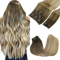 GOO GOO Clip in Hair Extensions Real Human Hair, Remy Human Hair Extensions Clip ins for Women, Natural Human Hair, 14inch 150g 9Pcs, 3/8/613 Balayage Walnut Brown to Ash Brown and Bleach Blonde