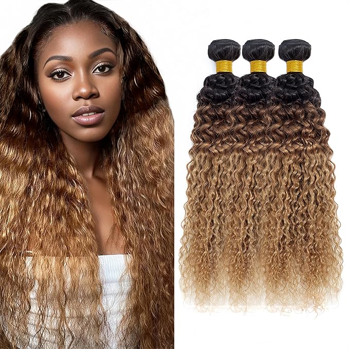 Ombre Blonde Water Wave Bundles T1B/4/27 Human Hair Bundle Niegmeag Virgin Soft and Sikly Remy Hair 3 Bundles 26 28 30 Inch Double Weft 3 Tone Honey Blonde and Brown Bundle Hair Weave