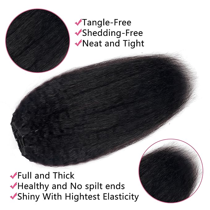 28 Inch Kinky Straight Clip In Hair Extensions Real Human Hair Kinky Straight Clip Ins #1B Natural Color Clip on Hair Extensions 8pcs with 18Clips Per Set 120g