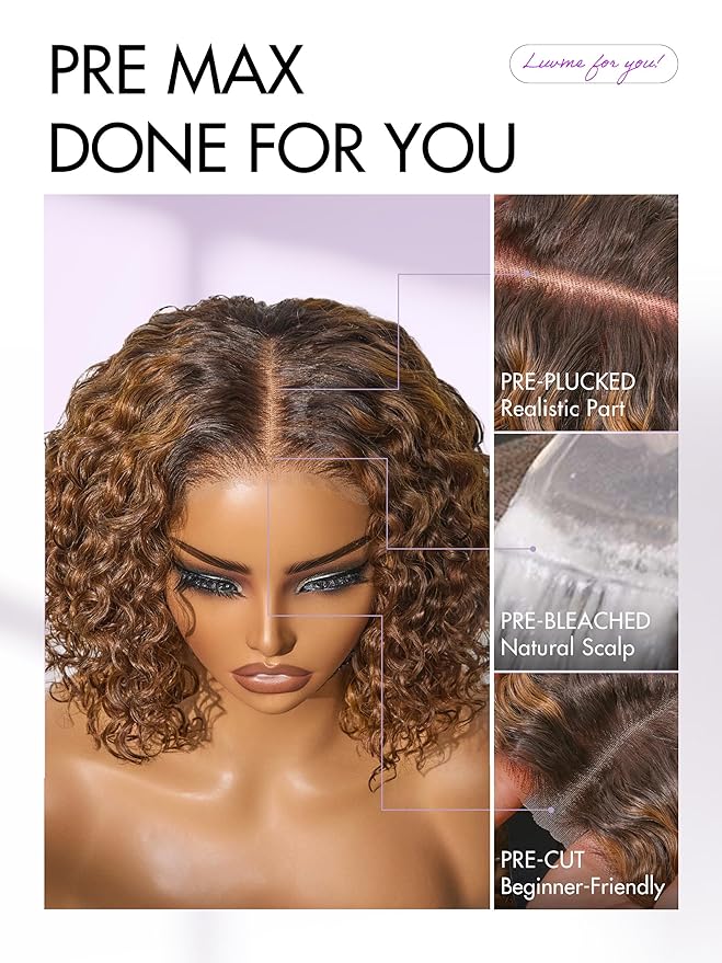LUVME HAIR 5X5 Deep Curly 12 Inch 100% Human Hair Wigs Curly Deep Wave Glueless Lace Front 12 Inches, Pre Cut Plucked Hd Lace Short Wig Ready To Go Mix Brown Color Straight Bleached Knots Black Wigs