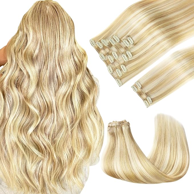 GOO GOO Clip in Hair Extensions Real Human Hair, Remy Human Hair Extensions Clip ins for Women, Natural Human Hair, 22inch 150g 9Pcs, 18D/22F Dirty Blonde Highlights
