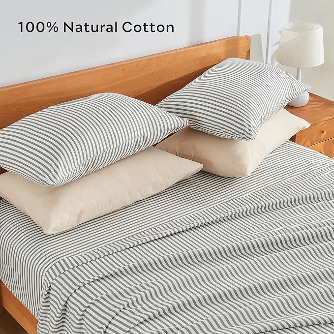 JELLYMONI 100% Natural Cotton Striped Standard Pillowcases Set, 2 Pack White and Grey Vertical Stripes Pattern Printed Pillow Covers with Envelope Closure(Pillows are not Included)