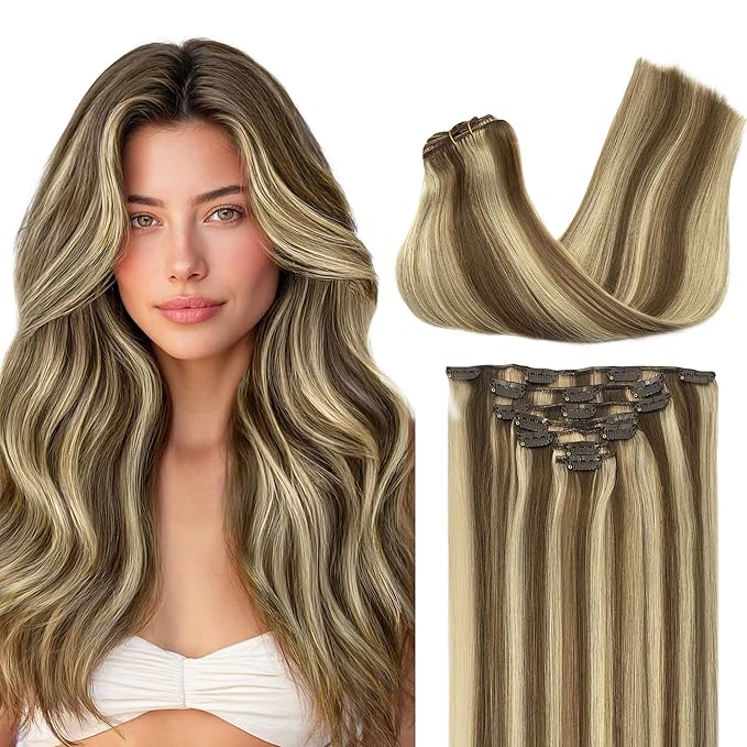 GOO GOO Clip in Hair Extensions Real Human Hair, Remy Human Hair Extensions Clip ins for Women, Natural Human Hair, 22 Inch 170g 7Pcs, 8A/22 Medium Brown Highlighted Golden Blonde