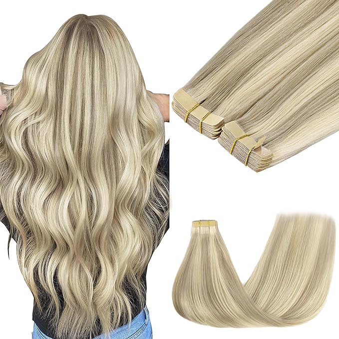 GOO GOO Tape in Hair Extensions Human Hair, 17A/60A Ash Blonde Highlighted Platinum Blonde, 12inch 80g 40pcs, Skin Weft Seamless Invisible, Silky Straight with Thick Ends, Remy Human Hair