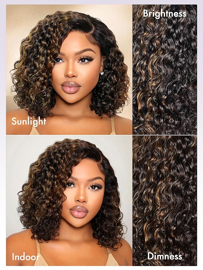 LUVME HAIR 10" Curly Glueless Wigs Human Hair Pre Plucked Pre Cut, Undetectable HD Lace Curly Bob Wig Human Hair Short Black Wig with Blonde Highlights Ready to Go Wig 180 Density