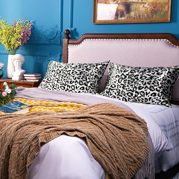 NTBAY 2 Pack Satin Queen Pillowcases for Hair and Skin, Luxurious and Silky Leopard Printed Pillow Cases with Envelope Closure, 20x30 Inches, Black and White